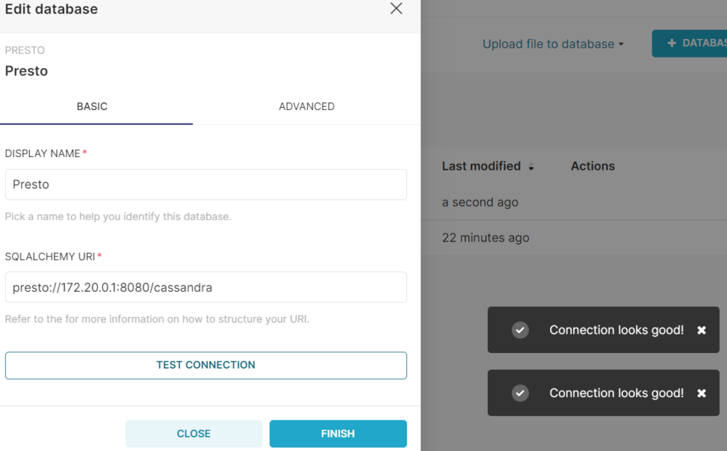 Superset connection to Presto test for Cassandra data catalog