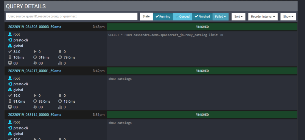 Presto query metrics from Cassandra queries