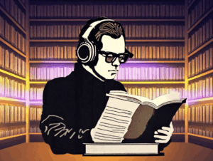 Man listening to Music in Library