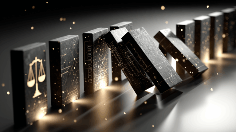 Row of giant dominoes falling one by one, engraved with symbols of books, binary code, and legal scales, under dramatic cinematic lighting. Conceptual illustration of the domino effect of AI copyright lawsuits, symbolizing the chain reaction between creators, law, and technology.