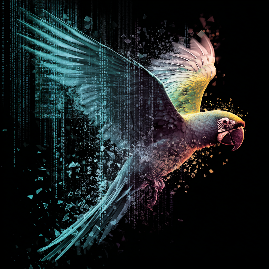 Abstract parrot made of binary code with wings breaking into shards, symbolizing AI ethics debate.
