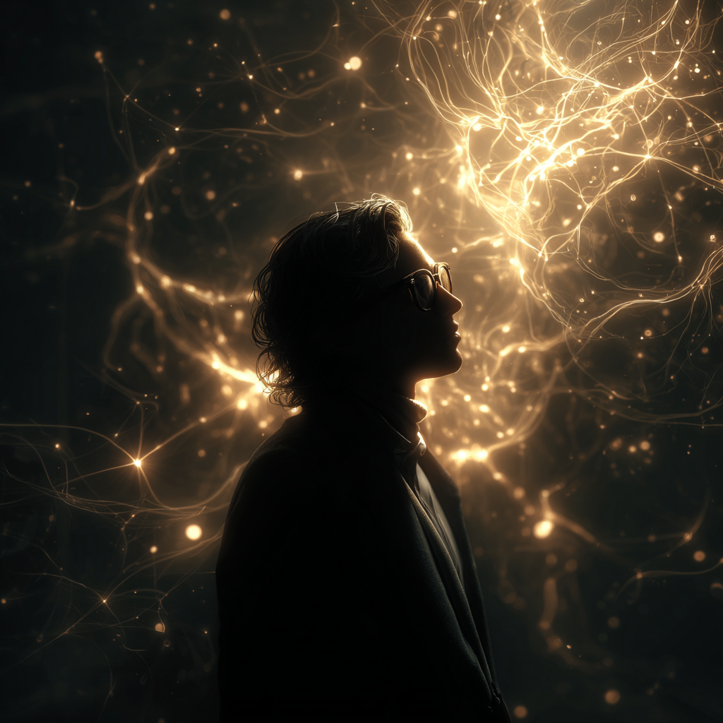Moody illustration of Sam Altman with neural network patterns glowing around him, evoking a novel character