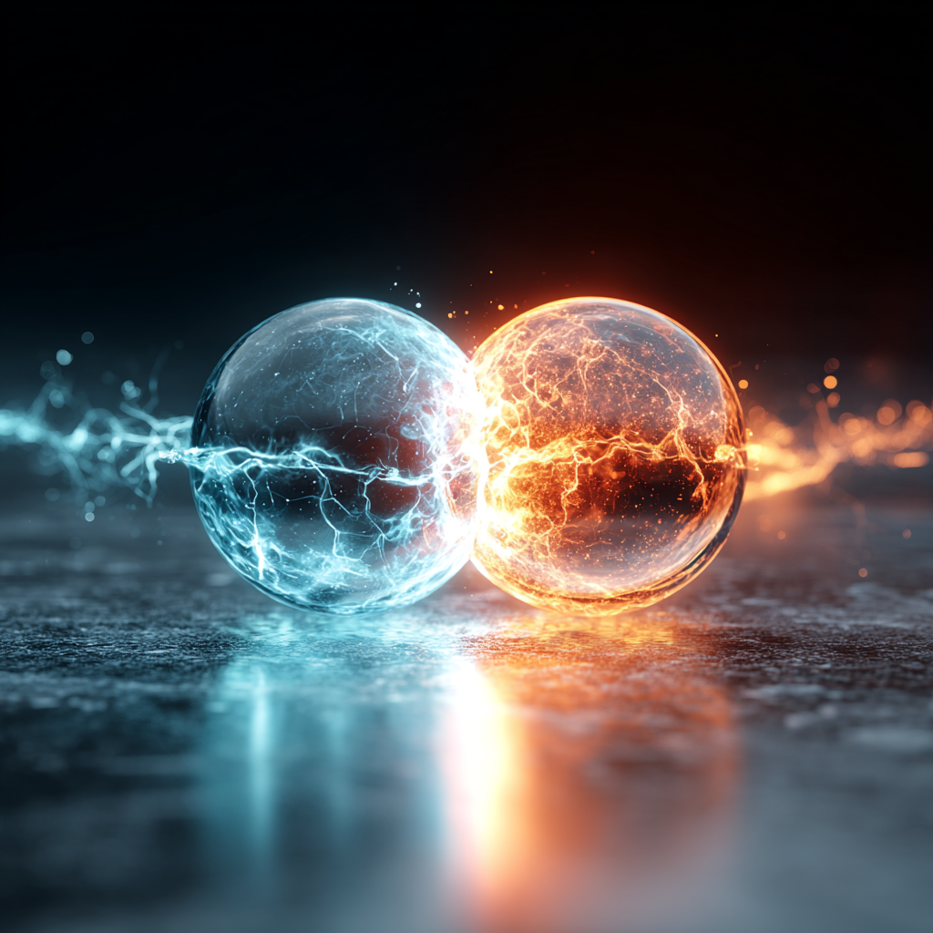 Two glowing AI spheres splitting apart with energy between them, symbolizing the OpenAI–Anthropic divide.