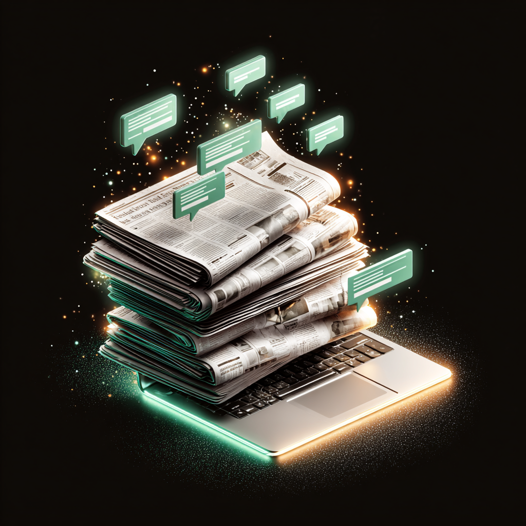 Stacks of newspapers morph into glowing AI chat bubbles on a laptop screen, symbolizing journalism being replaced by generative AI summaries.