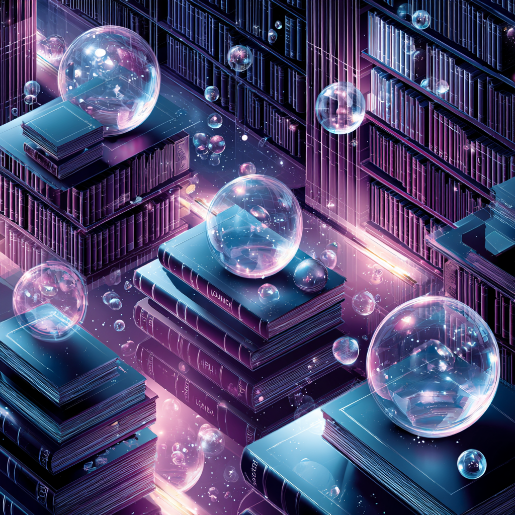 ditorial illustration of a futuristic library where glowing AI orbs transform books into holographic answers, while Britannica and Merriam-Webster volumes sit ignored on dusty shelves, symbolizing lost traffic and revenue.