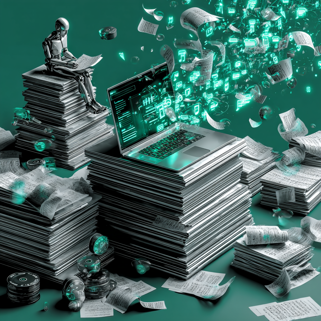 Stacks of encyclopedia sets, movie reels, and torn film strips spill across a floor, while music notes, newspapers, and sheet music rise upward and transform into glowing green AI chat bubbles on a laptop screen. A robotic human figure sits behind the computer, symbolizing how generative AI replaces traditional media like film, journalism, and music. The illustration uses sleek platinum and blue tones in a professional editorial style.