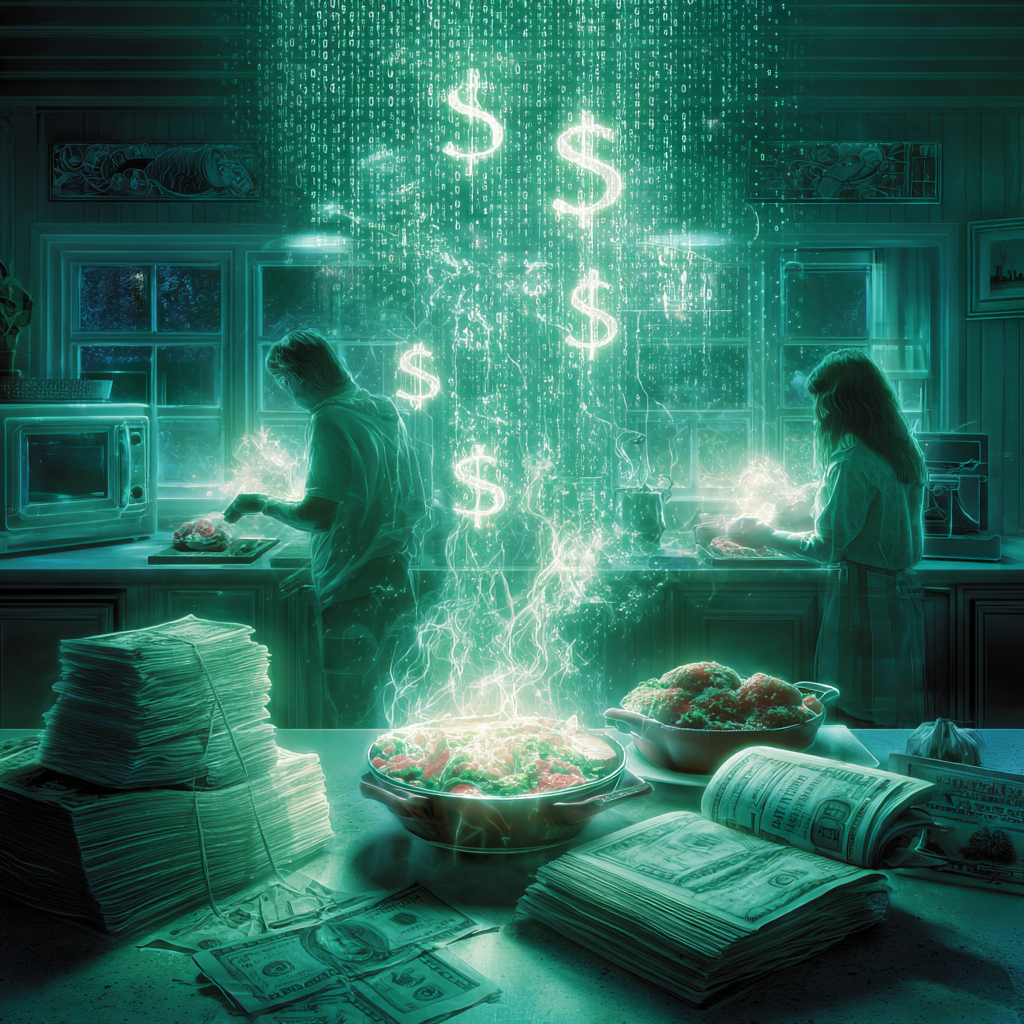 Illustration of two roommates — one providing groceries and recipes, the other using them to host a paid party — as a metaphor for the AI copyright free rider debate.