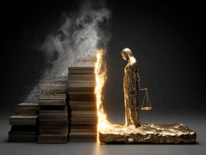 “A bronze scale of justice cracked under the weight of books on one side and streams of binary code on the other, representing the strain of copyright law in the AI era