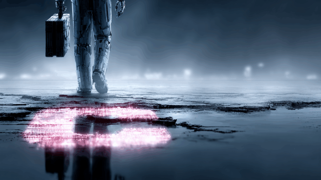 Shattered copyright sign © on the ground, while a humanoid robot in a business suit casually steps over it carrying a briefcase full of glowing cash, bright neon backlighting, symbolic of efficient breach.