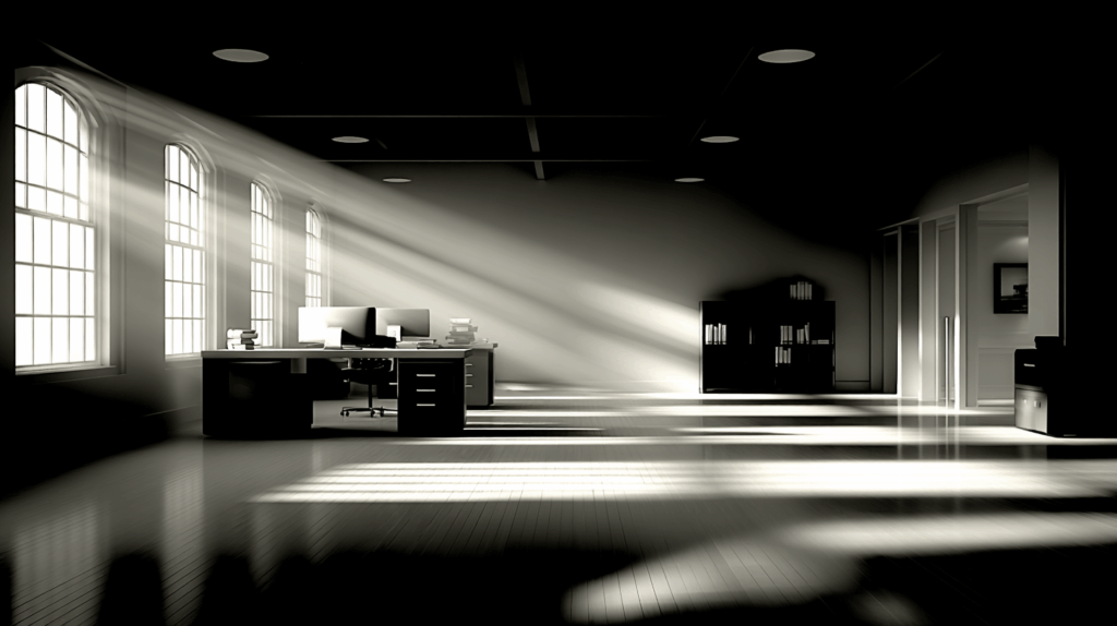An empty startup office with courtroom scales casting a shadow, representing ROSS Intelligence shutting down under copyright litigation