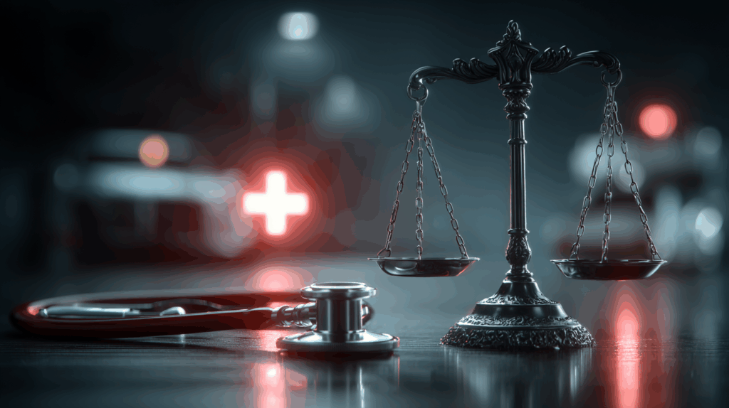 Scales of justice tangled in red tape and patents, symbolizing how litigation-driven agreements like Medtronic’s Pacesetter deal distort true valuation.