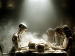 A humanoid robot sits at a dimly lit negotiation table piled with stacks of cash, facing three human professionals who study the money intently. A beam of light shines down through smoke or mist, highlighting the contrast between the robot’s metallic form and the humans’ focused expressions.