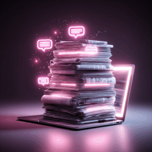 : Stacks of newspapers, movie scripts, and music sheets transforming into AI chat bubbles on a glowing laptop, symbolizing journalism being replaced by generative AI, professional editorial illustration