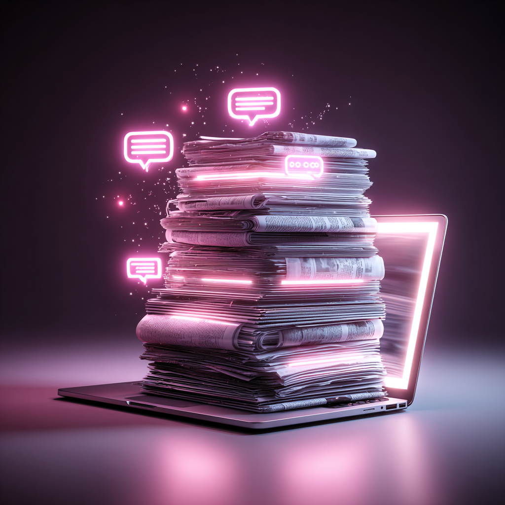 : Stacks of newspapers, movie scripts, and music sheets transforming into AI chat bubbles on a glowing laptop, symbolizing journalism being replaced by generative AI, professional editorial illustration