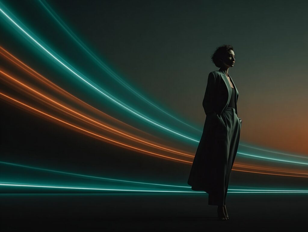 WOMAN STANDING BEHIND HOLOGRAMIC RAINBOW.