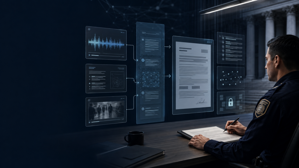 Evidence flow showing officer-selected input, AI-assisted drafting, version history, and final human approval of a police report.