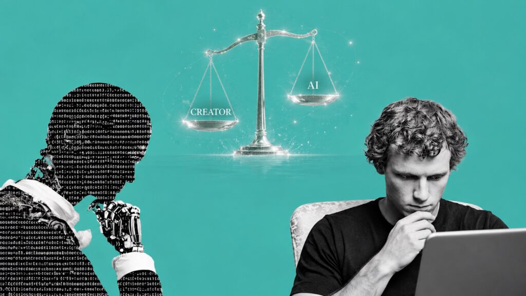 A code-textured AI figure looks toward a human software developer beneath shimmering silver scales balancing CREATOR and AI against a turquoise background.