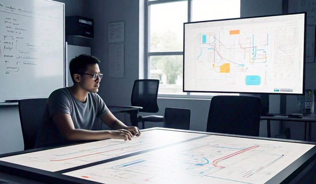 The modern product engineer who has a workspace with a traditional whiteboard, a digital whiteboard and a massive table which is a touch screen display.